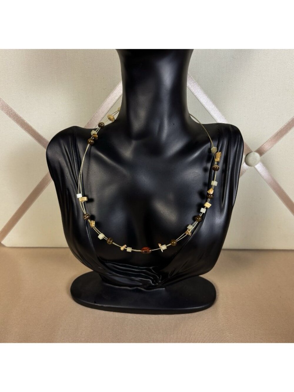 Lia Sophia Necklace Brown Tiger's Eye Shell Floating Wire Retired Vintage  A120